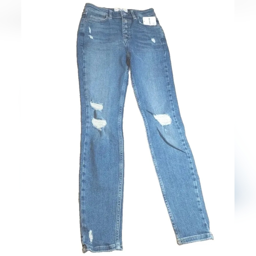 Free People Button Fly Skinny Jeans Sz 26 24/26 Distressed Stretch Denim Indigo